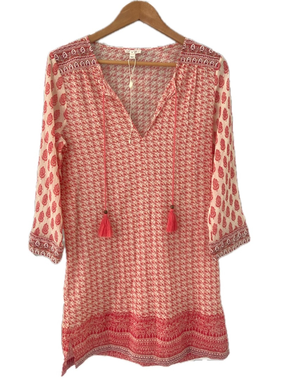 SOFT JOIE Daria Boho Cotton Tunic Top Cover Up Dress Small Coral White NWOT